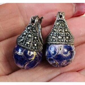 Vintage 925 Sterling Silver Marcasite Purple Cloisonne Drop Earrings Leverback